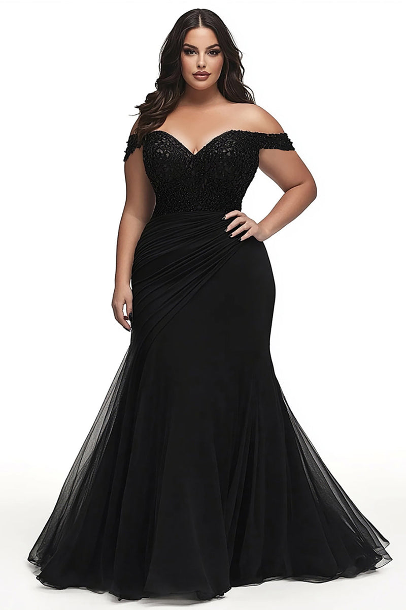 Load image into Gallery viewer, Black Mermaid Off the Shoulder Plus Size Prom Dress with Appliques