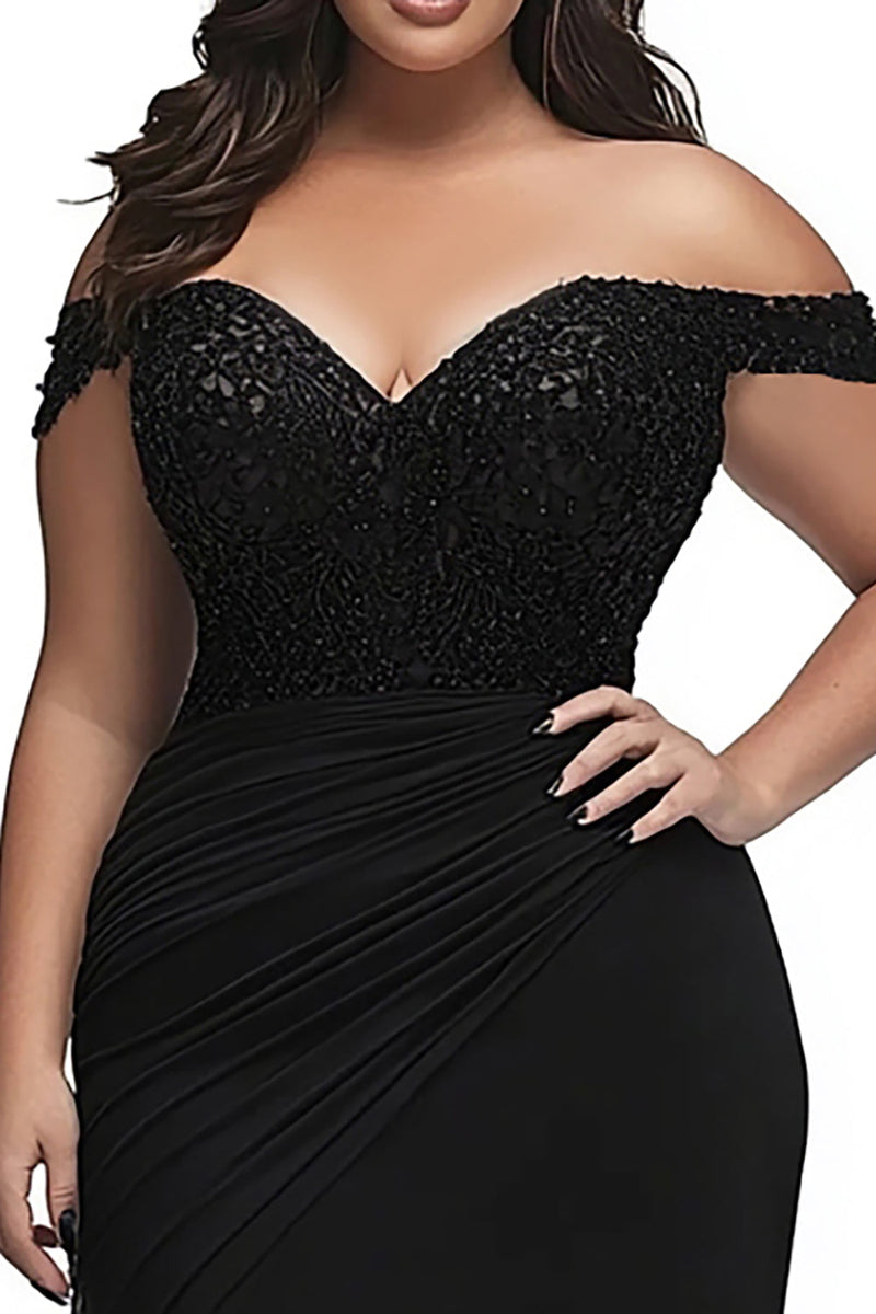 Load image into Gallery viewer, Black Mermaid Off the Shoulder Plus Size Prom Dress with Appliques