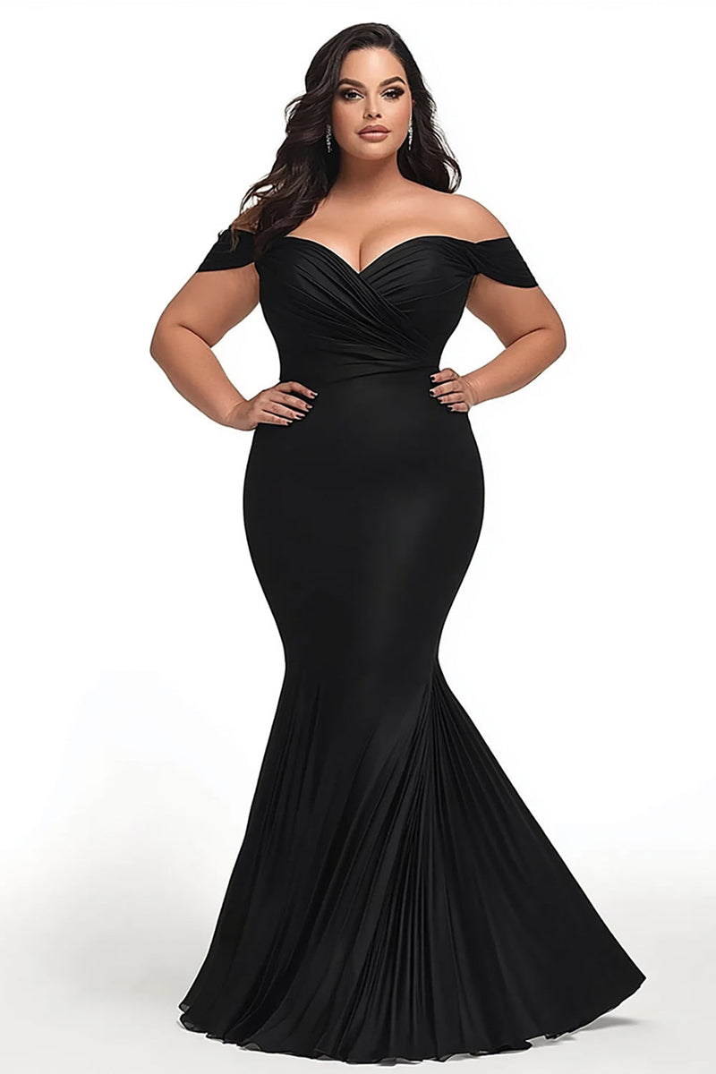 Load image into Gallery viewer, Black Mermaid Satin Off the Shoulder Ruched Plus Size Prom Dress