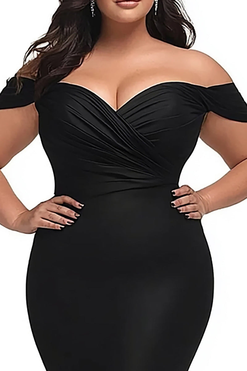 Load image into Gallery viewer, Black Mermaid Satin Off the Shoulder Ruched Plus Size Prom Dress