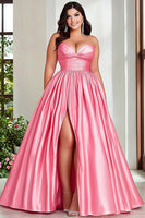 Load image into Gallery viewer, Pink A Line Strapless Pleated Plus Size Prom Dress with Slit