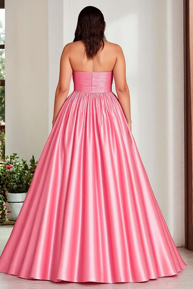 Load image into Gallery viewer, Pink A Line Strapless Pleated Plus Size Prom Dress with Slit