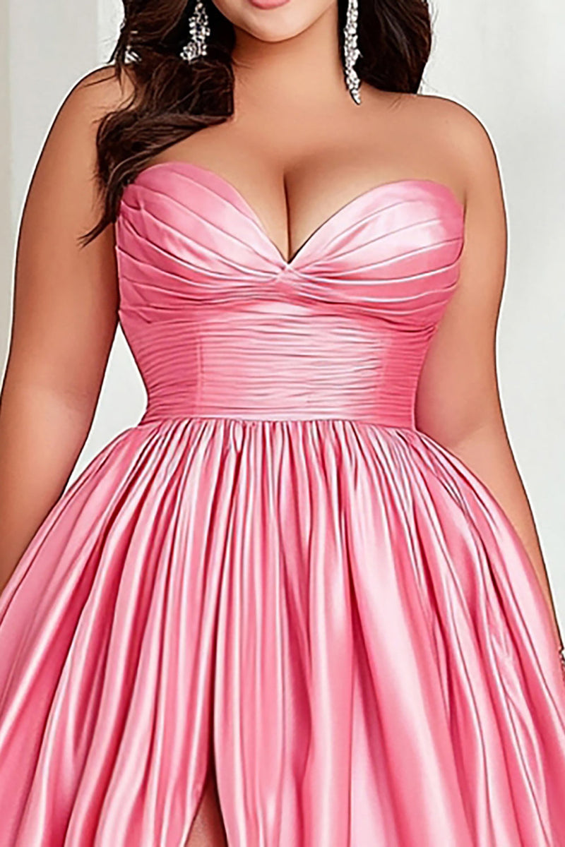 Load image into Gallery viewer, Pink A Line Strapless Pleated Plus Size Prom Dress with Slit