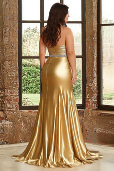 Gold A Line Satin Strapless Plus Size Prom Dress with Slit
