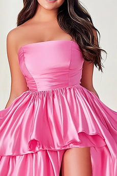 Pink Satin A Line Tiered Strapless Plus Size Prom Dress with Slit
