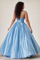 Load image into Gallery viewer, Sky Blue Keyhole Spaghetti Straps Ruched A Line Plus Size Prom Dress