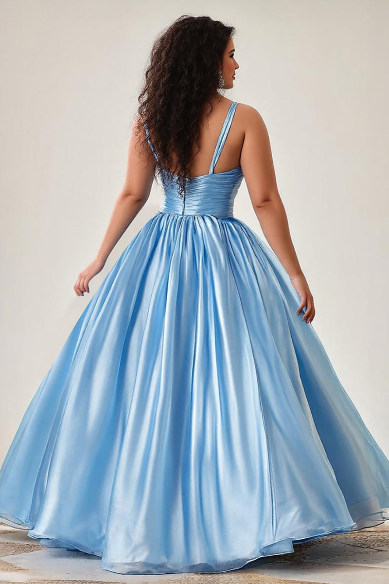Load image into Gallery viewer, Sky Blue Keyhole Spaghetti Straps Ruched A Line Plus Size Prom Dress