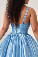 Load image into Gallery viewer, Sky Blue Keyhole Spaghetti Straps Ruched A Line Plus Size Prom Dress