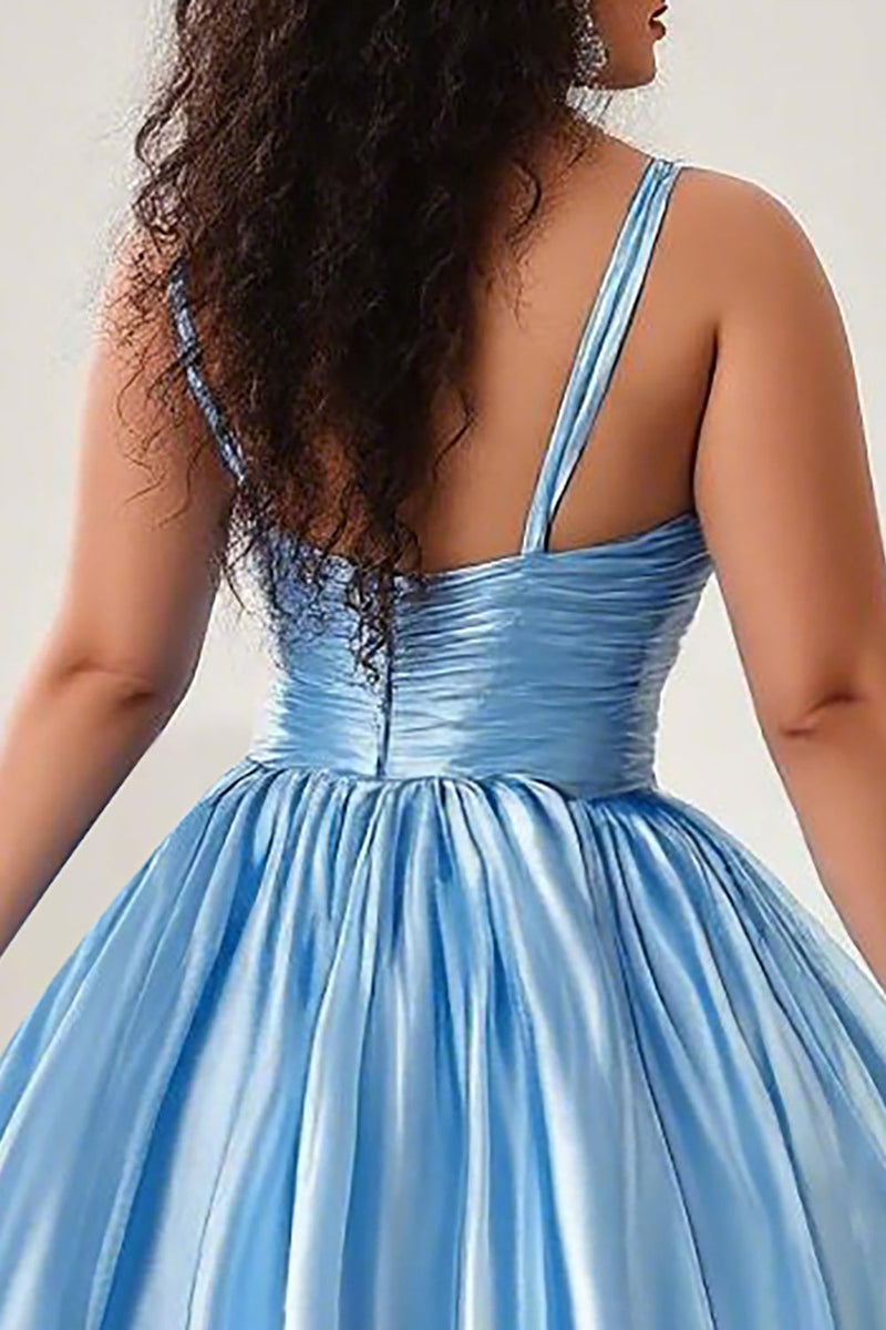 Load image into Gallery viewer, Sky Blue Keyhole Spaghetti Straps Ruched A Line Plus Size Prom Dress