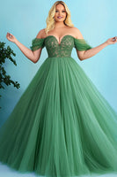 Load image into Gallery viewer, Green Off the Shoulder A Line Long Prom Dress with Appliques