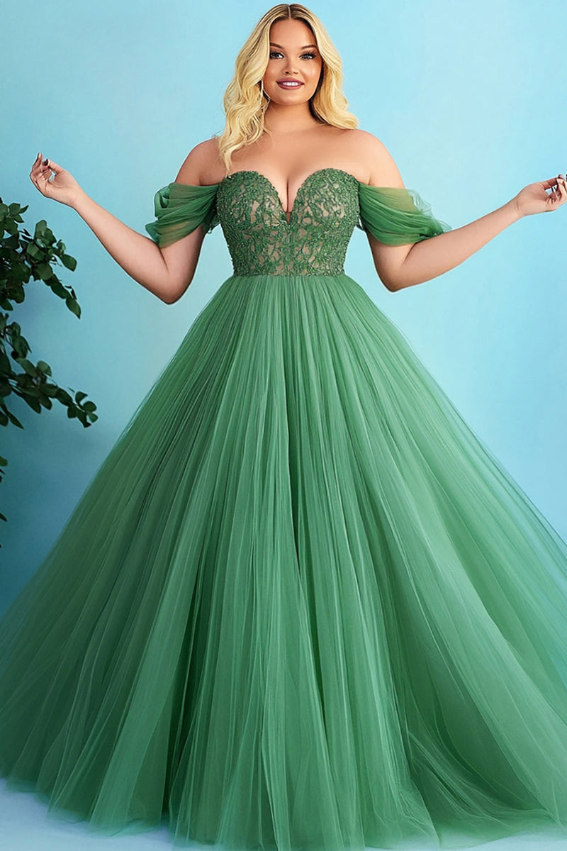 Load image into Gallery viewer, Green Off the Shoulder A Line Long Prom Dress with Appliques