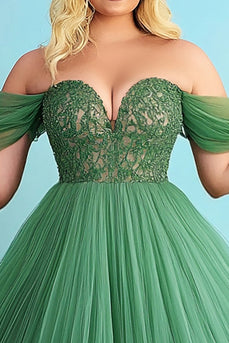 Green Off the Shoulder A Line Long Prom Dress with Appliques