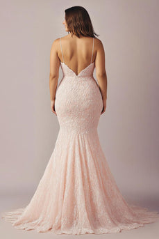 Pink Lace Mermaid Spaghetti Straps Long Prom Dress with Slit