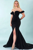 Load image into Gallery viewer, Black Mermaid Satin Off the Shoulder Plus Size Prom Dress with Slit