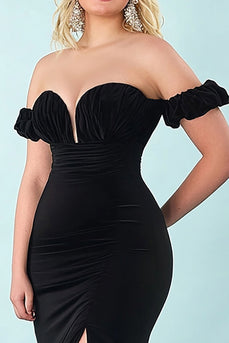 Black Mermaid Satin Off the Shoulder Plus Size Prom Dress with Slit