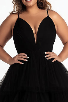Simple Black Tiered Spaghetti Straps A Line Plus Size Prom Dress