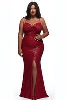 Load image into Gallery viewer, Red Spaghetti Straps Mermaid Plus Size Prom Dress with Sequins