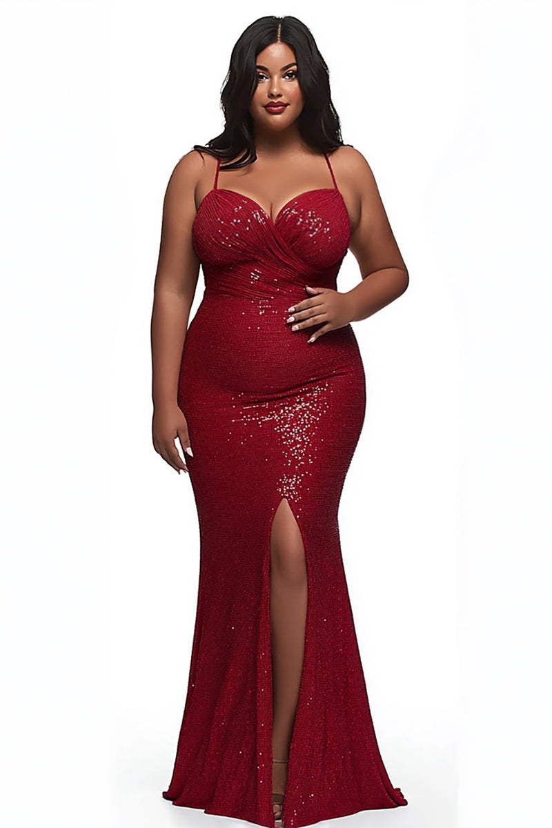 Load image into Gallery viewer, Red Spaghetti Straps Mermaid Plus Size Prom Dress with Sequins