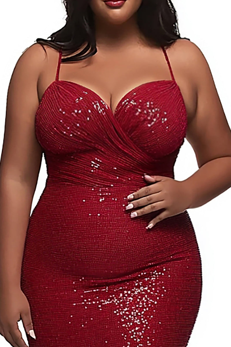 Load image into Gallery viewer, Red Spaghetti Straps Mermaid Plus Size Prom Dress with Sequins