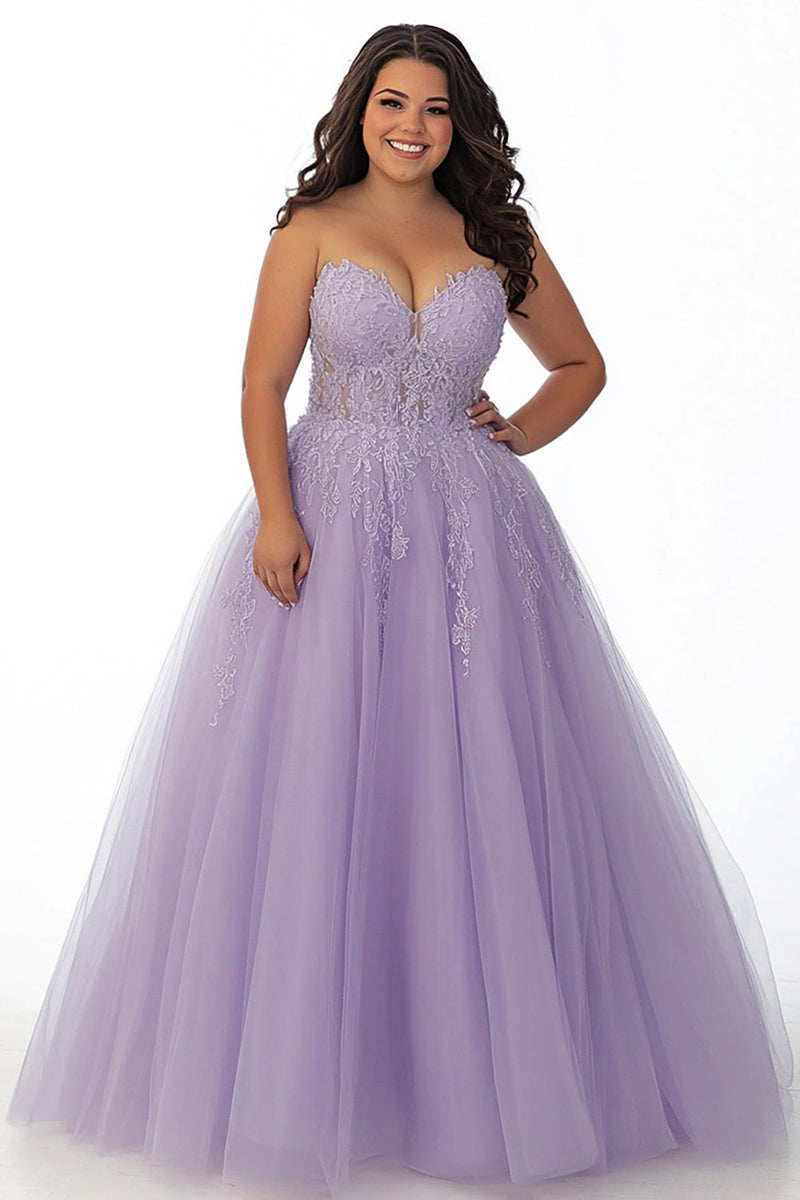 Load image into Gallery viewer, Lilac A Line Strapless Plus Size Long Prom Dress with Appliques