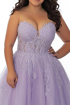 Lilac A Line Strapless Plus Size Long Prom Dress with Appliques