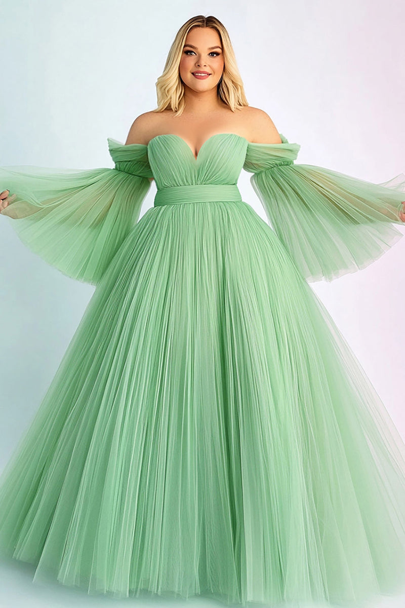 Load image into Gallery viewer, Green A Line Pleated Off the Shoulder Long Plus Size Prom Dress