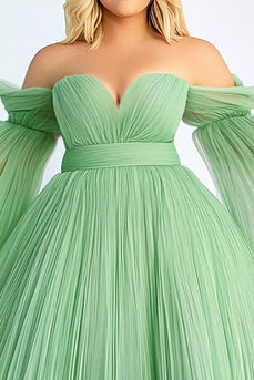 Green A Line Pleated Off the Shoulder Long Plus Size Prom Dress