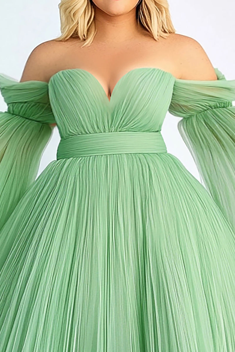 Load image into Gallery viewer, Green A Line Pleated Off the Shoulder Long Plus Size Prom Dress