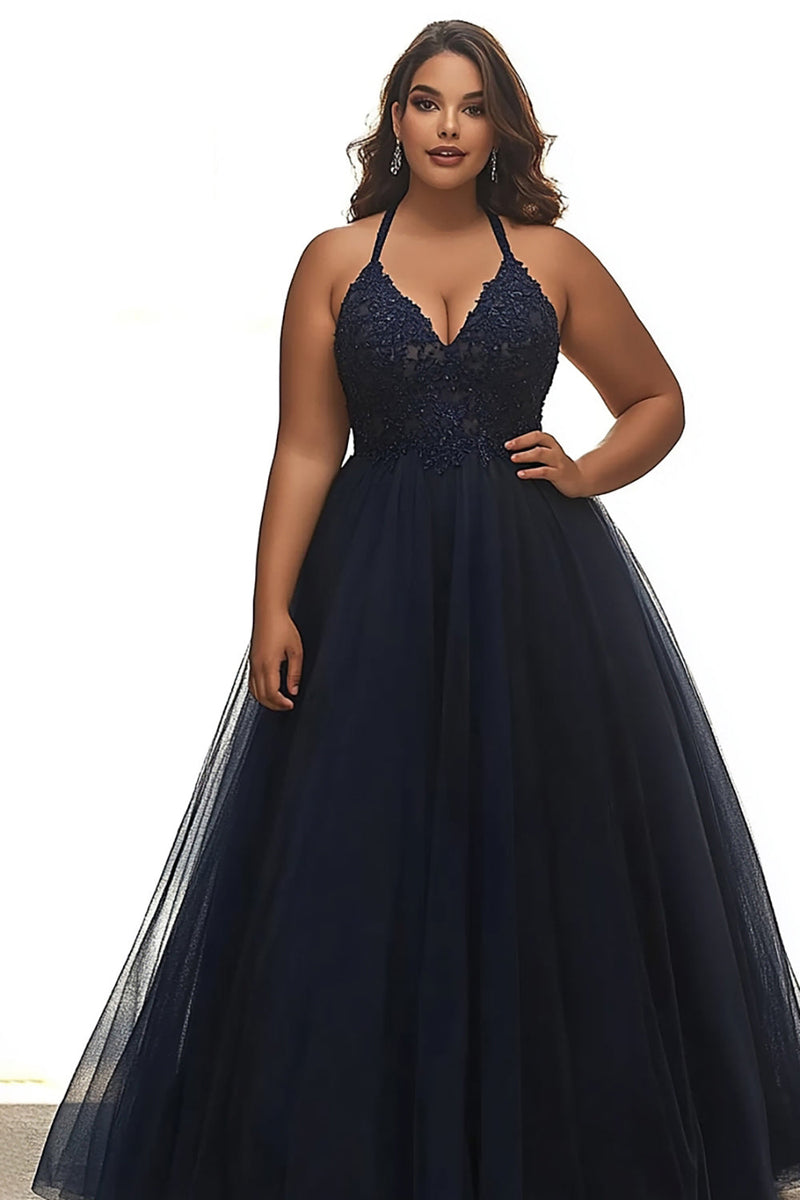 Load image into Gallery viewer, Navy A Line Plus Size Halter Neck Appliqued Long Prom Dress