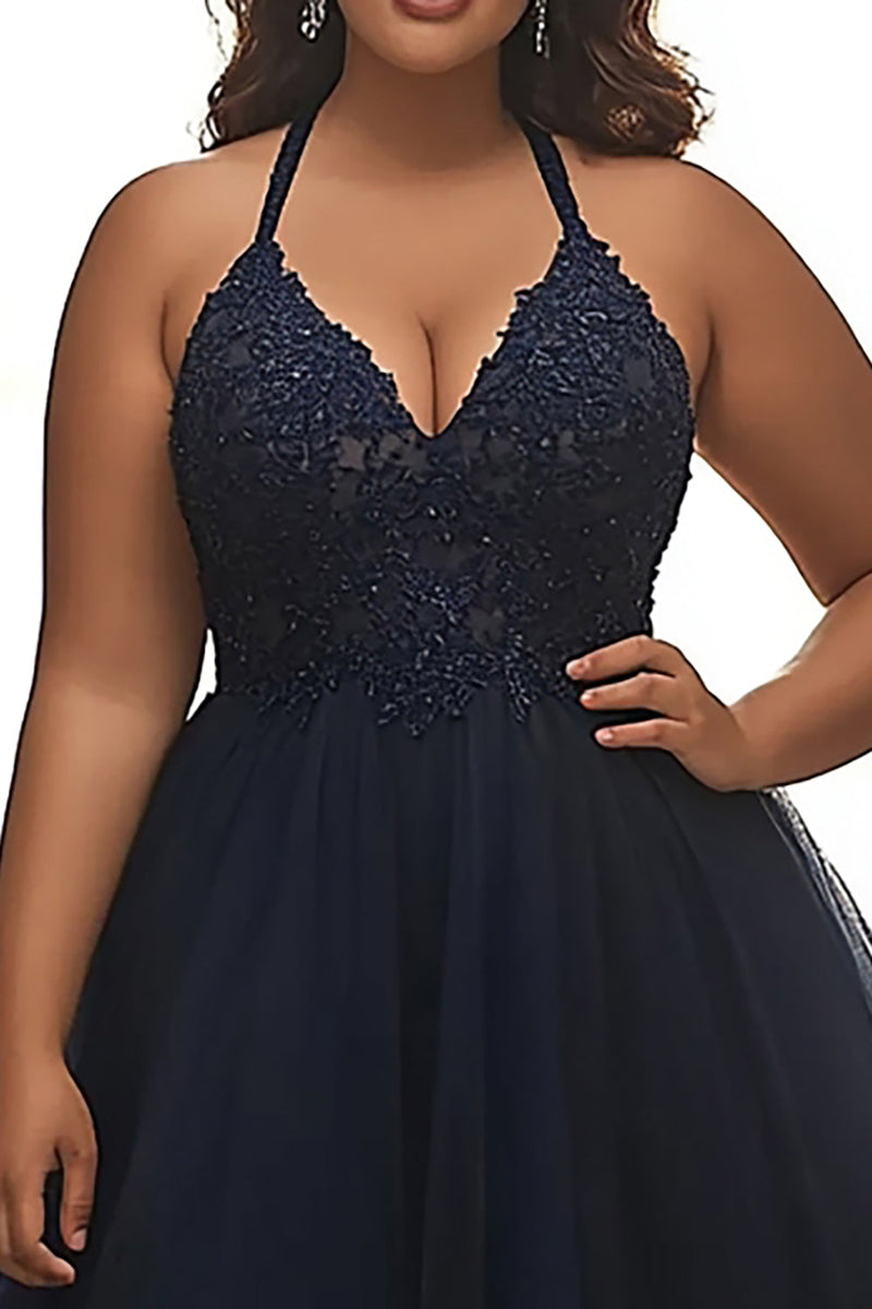 Load image into Gallery viewer, Navy A Line Plus Size Halter Neck Appliqued Long Prom Dress