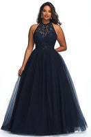Load image into Gallery viewer, A Line Navy Illusion Neck Long Plus Size Prom Dress with Appliques