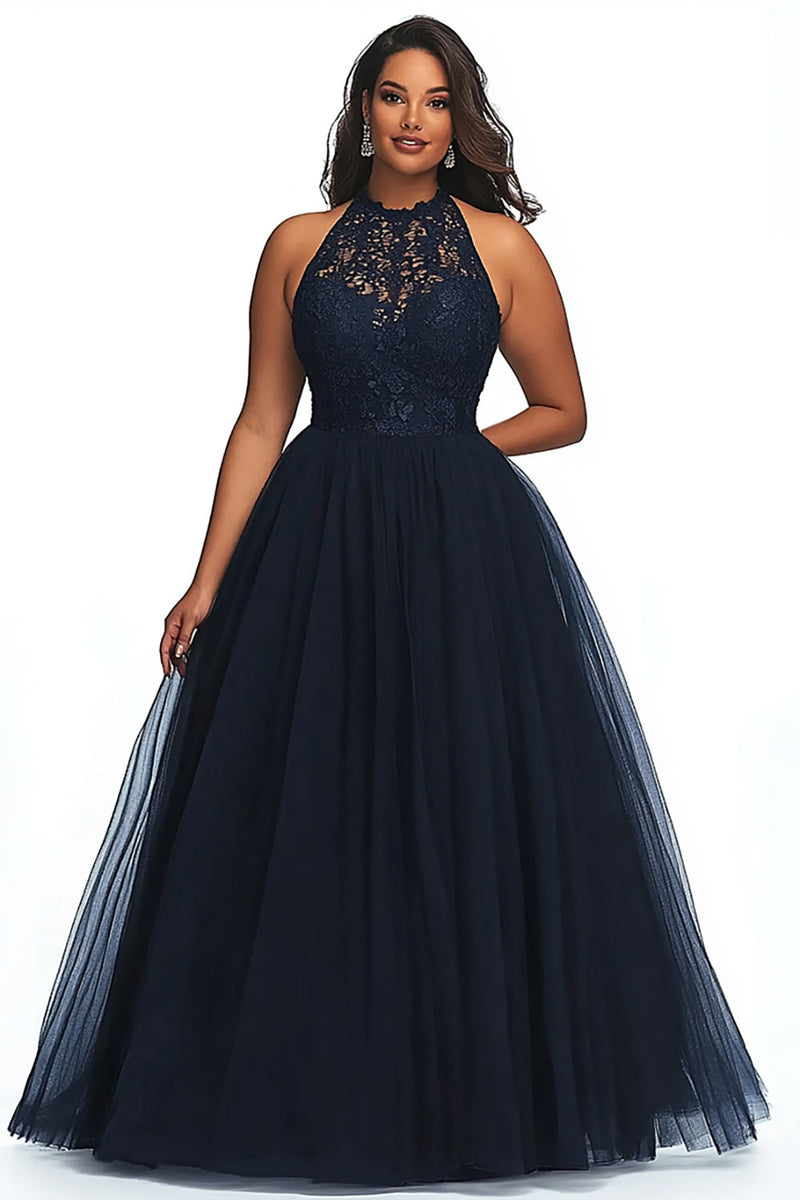 Load image into Gallery viewer, A Line Navy Illusion Neck Long Plus Size Prom Dress with Appliques