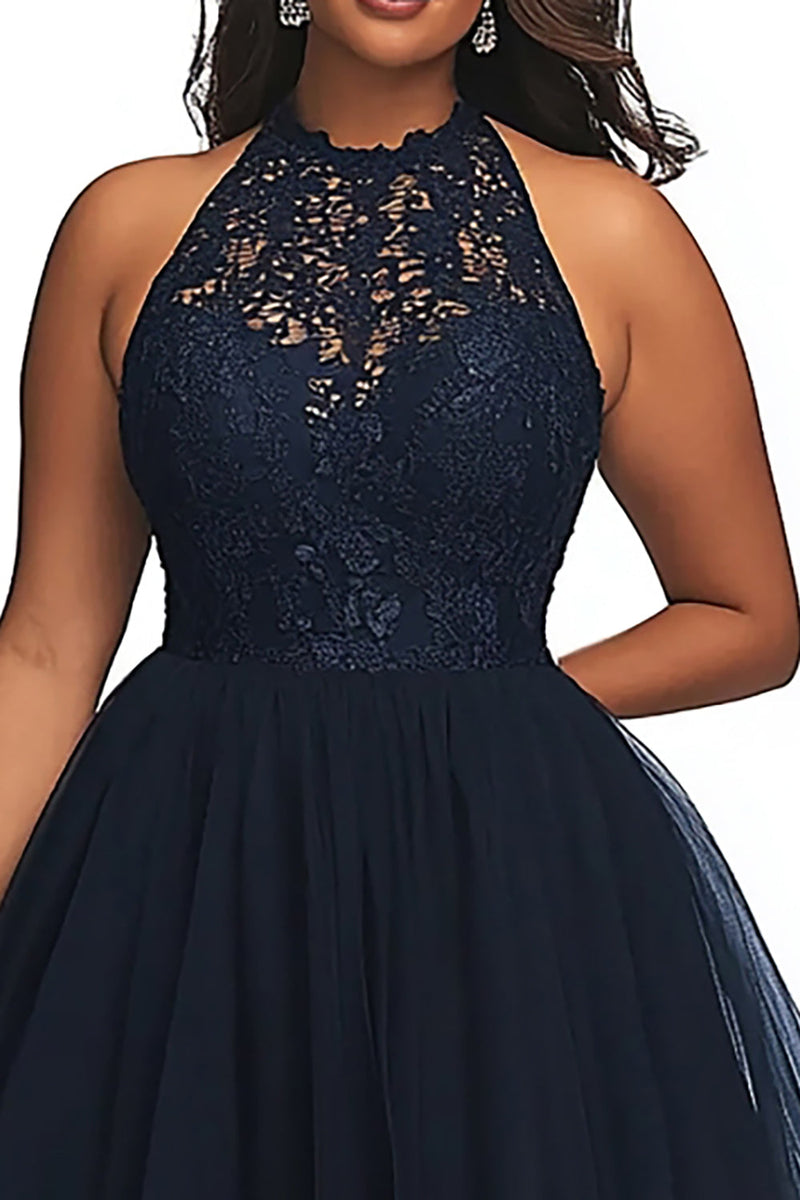 Load image into Gallery viewer, A Line Navy Illusion Neck Long Plus Size Prom Dress with Appliques