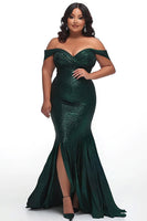 Load image into Gallery viewer, Dark Green Off the Shoulder Mermaid Plus Size Ruched Prom Dress with Slit