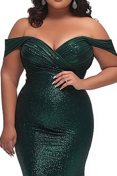 Dark Green Off the Shoulder Mermaid Plus Size Ruched Prom Dress with Slit