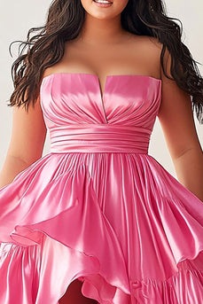 Pink Strapless A Line Tiered High Low Plus Size Prom Dress