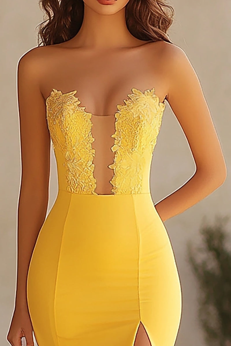 Load image into Gallery viewer, Yellow Satin Sweetheart Long Mermaid Prom Dress with Lace