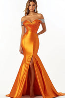 Load image into Gallery viewer, Sparkly Orange Satin Long Mermaid Prom Dress with Slit