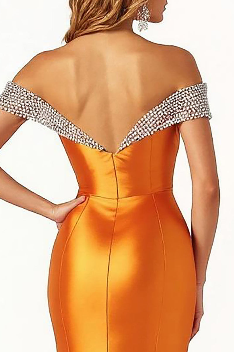 Load image into Gallery viewer, Sparkly Orange Satin Long Mermaid Prom Dress with Slit
