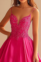 Load image into Gallery viewer, Fuchsia Satin Spaghetti Straps Long Ball Gown Prom Dress with Lace