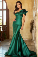 Load image into Gallery viewer, Dark Green Satin One Shoulder Long Mermaid Prom Dress