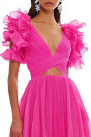 Load image into Gallery viewer, Fuchsia Tulle Cut Out Long A Line Prom Dress with Ruffles