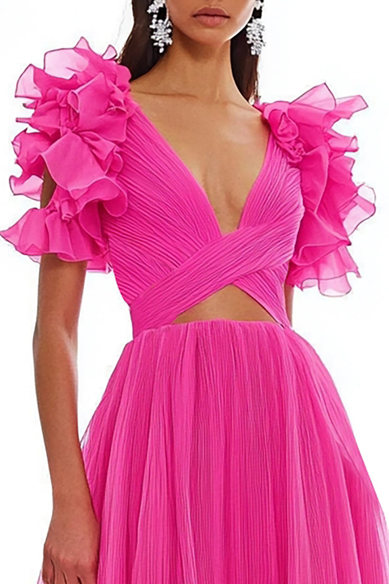Load image into Gallery viewer, Fuchsia Tulle Cut Out Long A Line Prom Dress with Ruffles