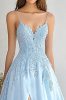Load image into Gallery viewer, Sky Blue Organza Spaghetti Straps Long A-Line Prom Dress with Lace