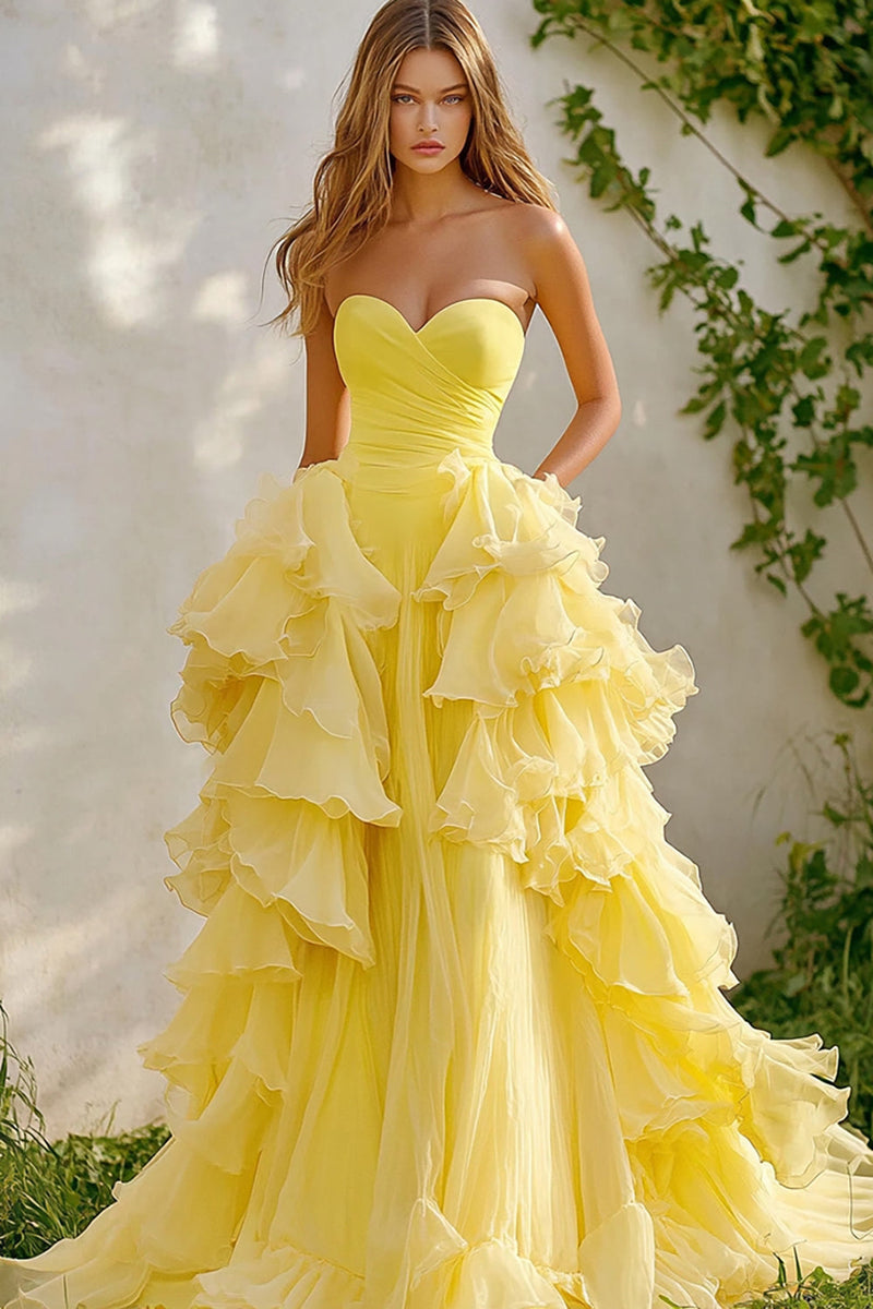 Load image into Gallery viewer, Daffodil Organza Sweetheart Long Ball Gown Prom Dress with Ruffles