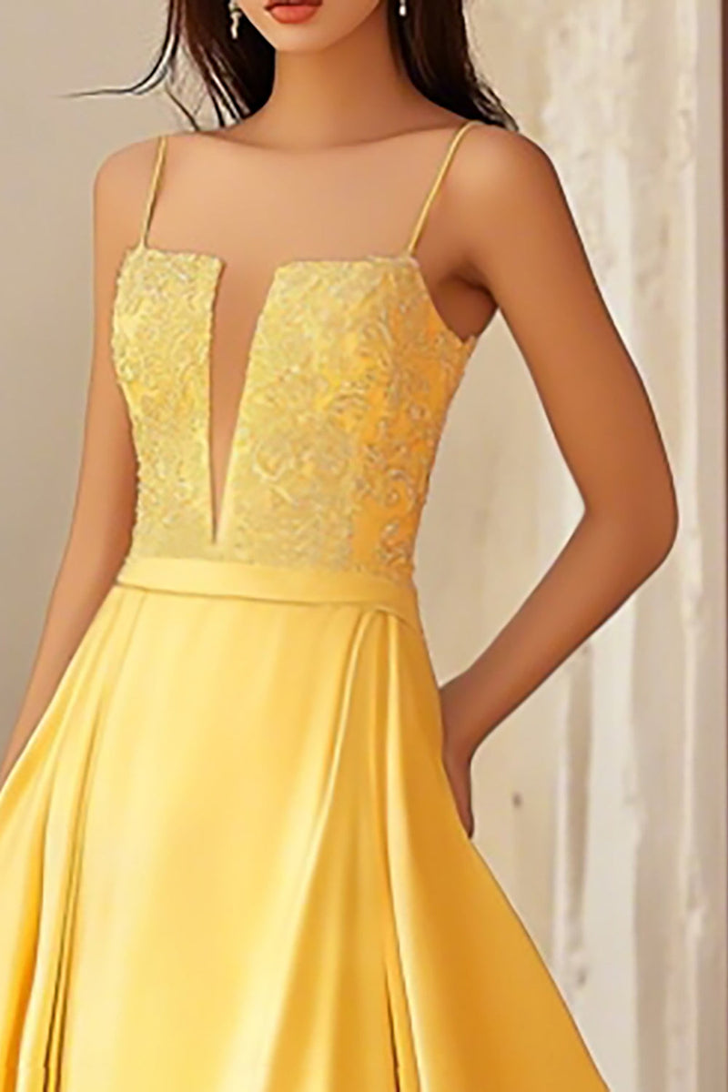 Load image into Gallery viewer, Yellow Satin Spaghetti Straps Long A-Line Prom Dress with Lace