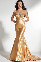 Load image into Gallery viewer, Sparkly Gold Satin Off The Shoulder Long Mermaid Prom Dress with Pleats