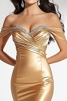 Sparkly Gold Satin Off The Shoulder Long Mermaid Prom Dress with Pleats