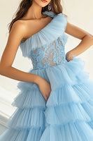 Load image into Gallery viewer, Sky Blue Organza One Shoulder Ball Gown Long Prom Dress with Ruffles