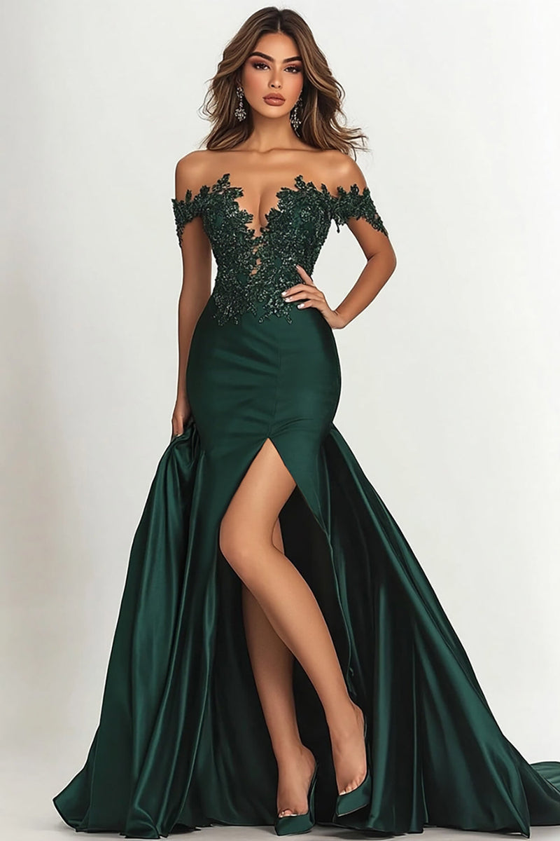 Load image into Gallery viewer, Women Dark Green Satin Long Prom Dress with Slit Off The Shoulder Mermaid Evening Dress with Lace